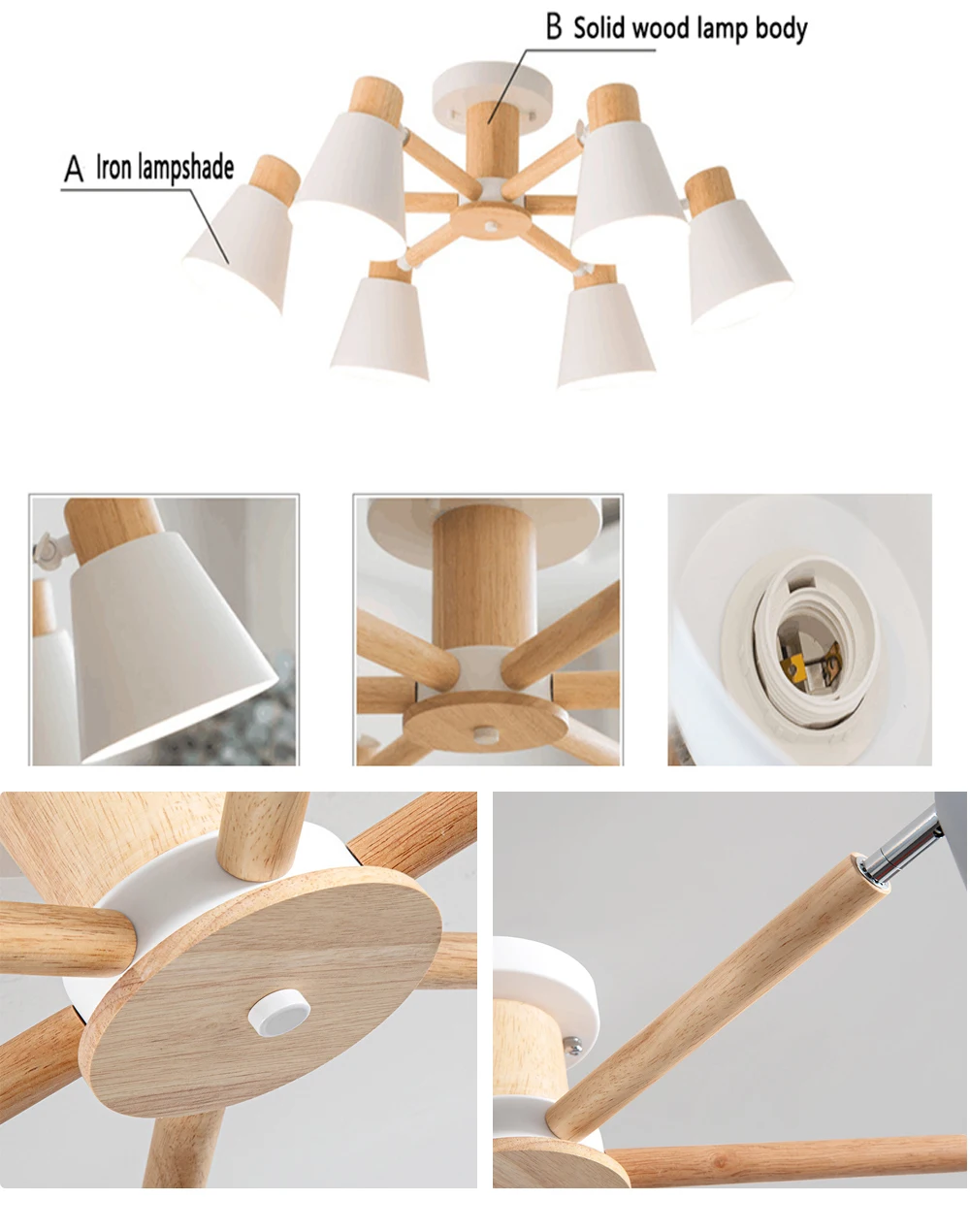 Nordic modern solid wood living room E27 bulb ceiling lamp bedroom chandelier lamp hotel restaurant modern lamp villa lighting long chandelier