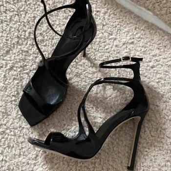 Luxury Brand Patent Leather Cross Strap Heeled Sandals Women Designer Sexy Peep Toe Female Pumps Elegant Party Dress High Heels 1