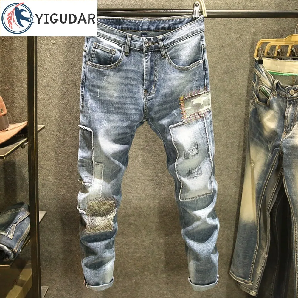 

Jeans Men Fashion Designer Splicing Streetwear Male Wear Ripped Hole Skinny Jeans Denim Trousers 2024 Men Clothing Fall Guys