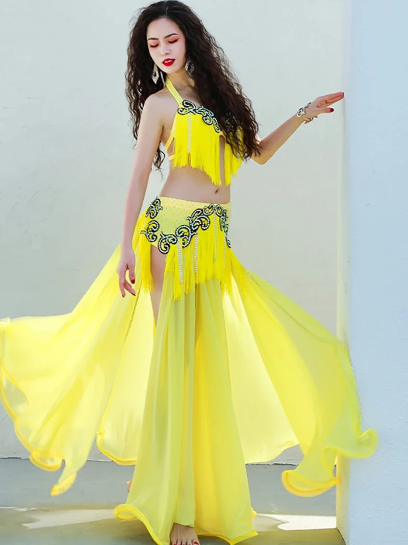 

Yellow Women Dancewear Adult Sequin Flash Drill Belly Dance Clothing Dynamic Tassel Split Competition Stage Performance Costumes