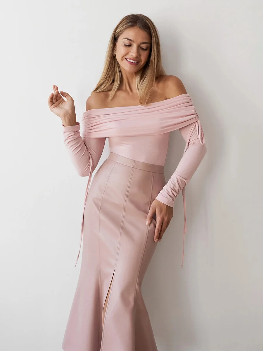 Bornladies Women's Trendy New Autumn Winter Off The Shoulder Long Sleeve T Shirt Drawstring Sexy Slim Fit Base Top