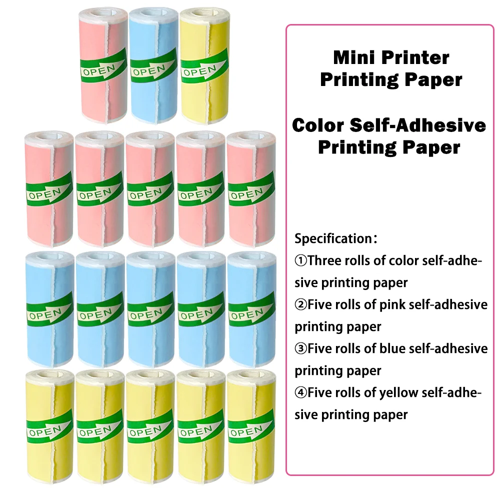 Mini Printer Self-adhesive Colored Label Stickers 57mm Wide Inkless Printers Work Photos Memos Colored Sticker Paper Combination