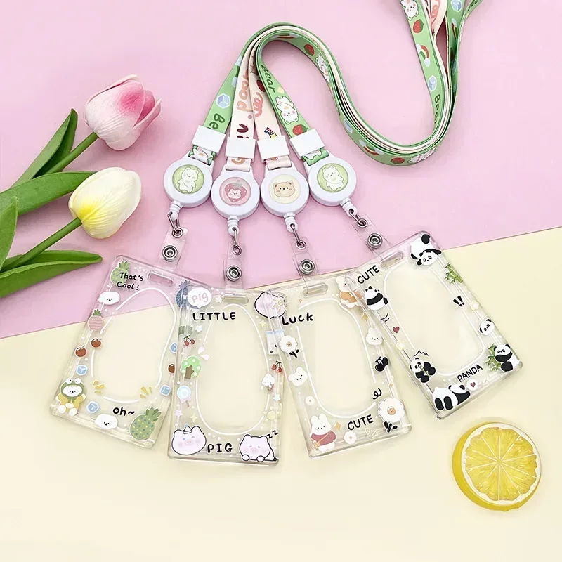 Kawaii Plastic Cartoon Cards Protecting Cover Clear Pig Bear Frog Card Holders with Long Rope Key Chain Student Bus Card Holder
