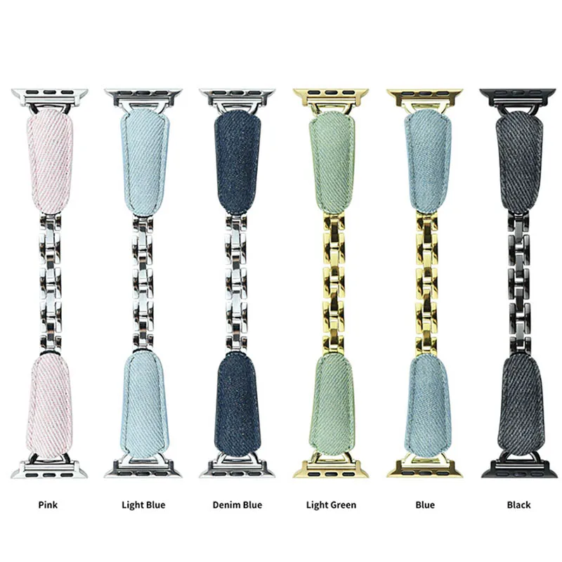 

Korean Metal Denim Leather Band For Apple Watch 8 7 SE 6 5 4 3 Lady Blue Bracelet Strap For iwatch Ultra 49mm 41mm 45mm 44 40mm