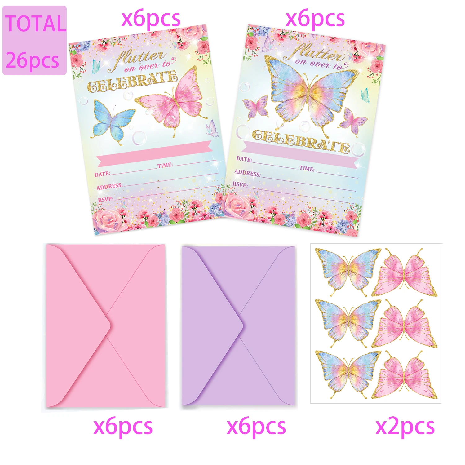 12 Biglietti D'Invito Per Compleanno Bambina A Tema Farfalla – Con Buste E Adesivi – Decorazioni Festa