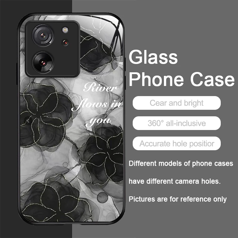 Luxury Black Rose Flower Tempered Glass Phone Case - Elegant Hard Cover