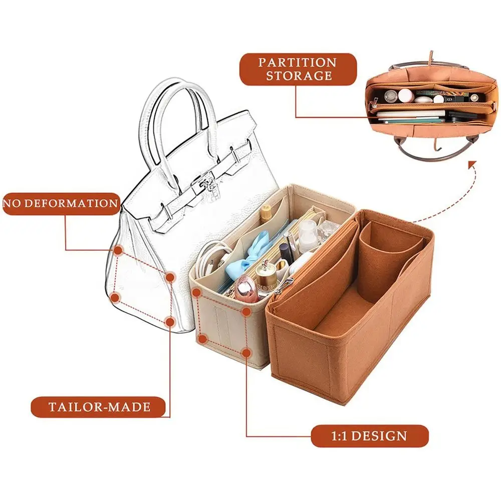 Durable Felt Handbag Insert Bag Multi-Pocket Portable Bag Organizer Travel Liner Bag for Birkin25/30/35