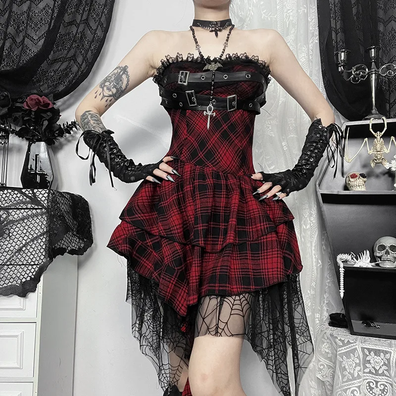 Y2K Black Bandage Summer Party Dresses for Women Goth Sexy A-Line Sleeveless Plaid Bodycon Mini Vestido Short Dresses Streetwear 2