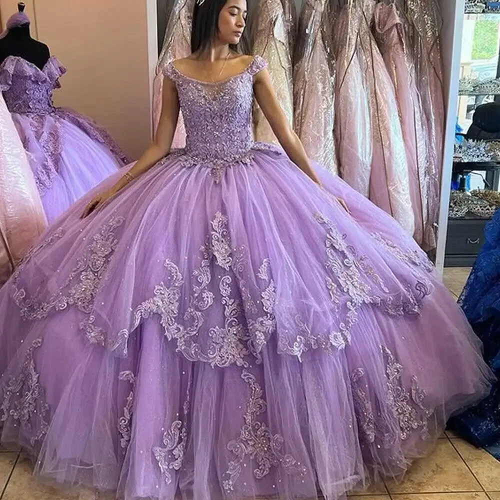 

ANGELSBRIDEP, сиреневые платья для Quinceanera, бальные платья, милое платье 15 16, платье с бантом, блестками и аппликацией, кружевное фатиновое платье