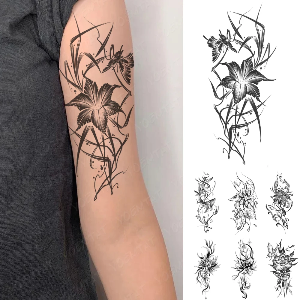 

Black Sketch Waterproof Temporary Tattoo Sticker Butterfly Flower Lotus Peony Lily Body Art Arm Fake Tattoos Sleeve Women Men