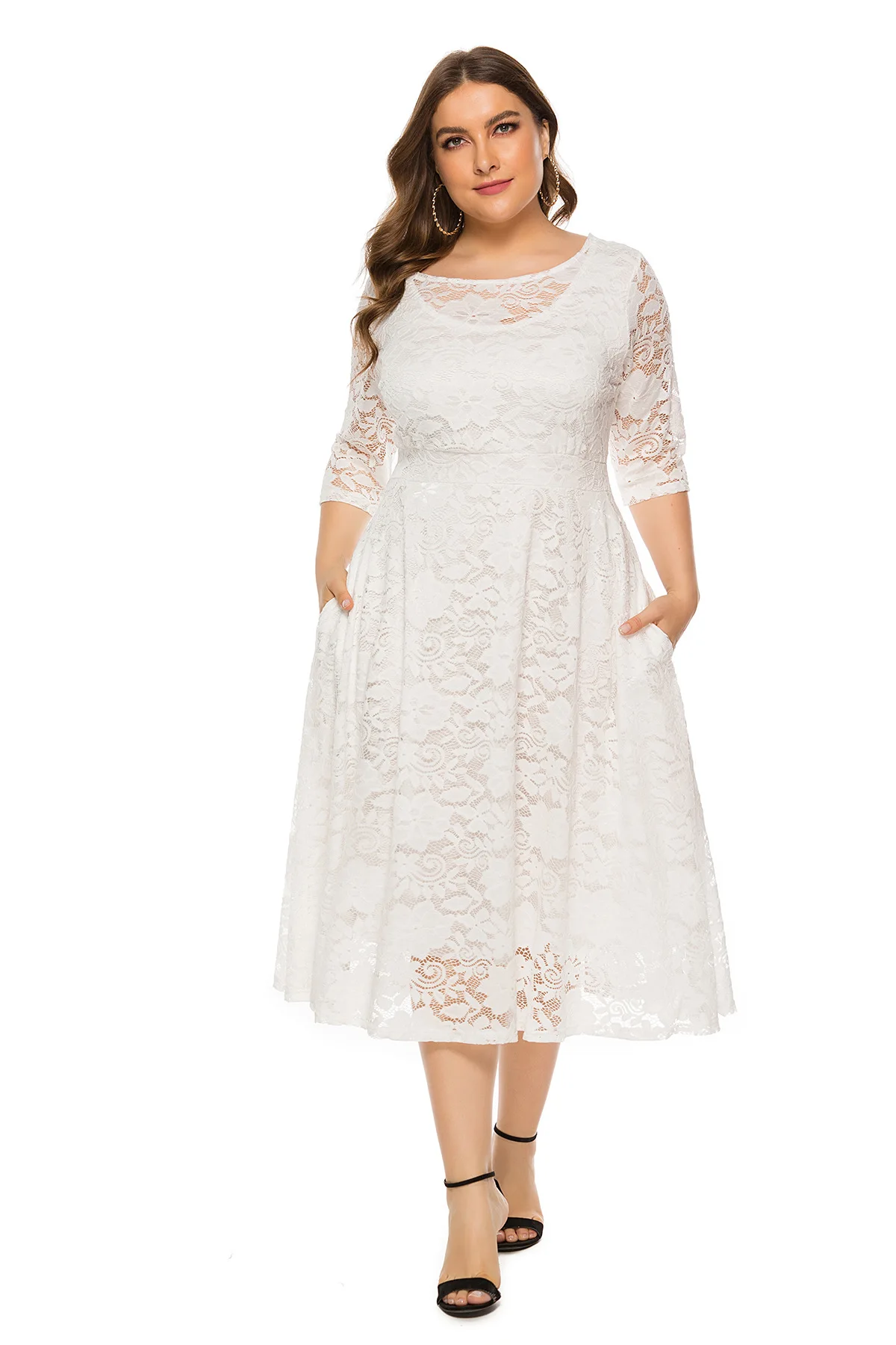 

VOLALO Lace Evening Dress A-line Tea-length Dress with Pockets for Party vestidos de fiesta de noche Half Sleeve Family Party