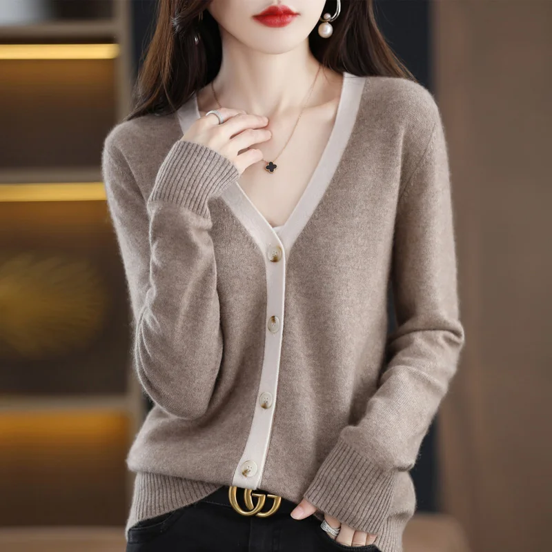 

100% pure wool ladies V-neck color matching cardigan sweater Spring and Autumn new cashmere knitted high quality casual top.