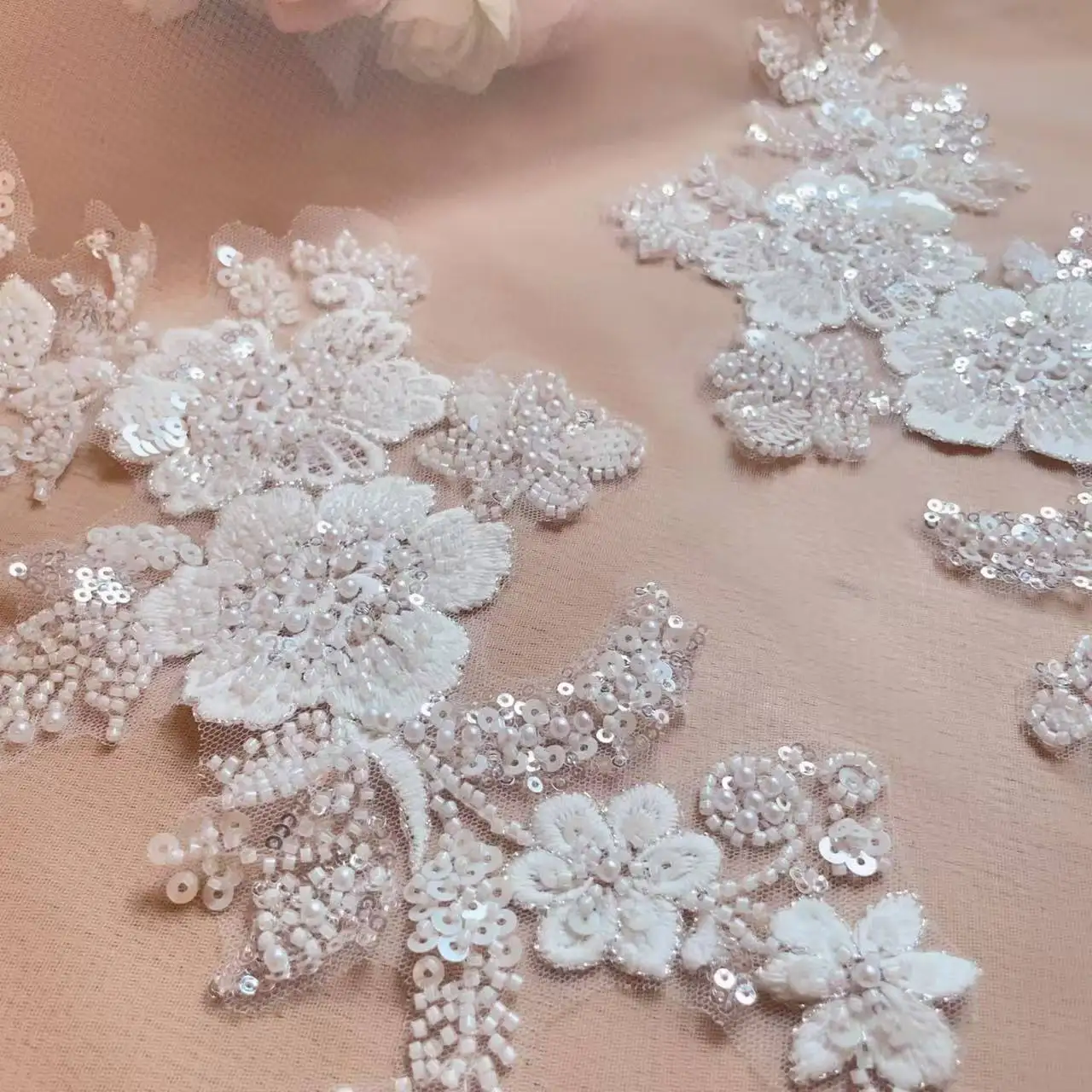 Elegant Pearl Embroidered Glitter Floral Lace Decoration