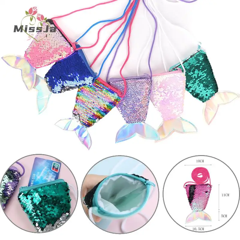 For Kids Gifts Girls Mermaid Tail Sequins Coin Purse Crossbody Bags Sling Money Change Card Holder Wallet Purse Bag Pouch