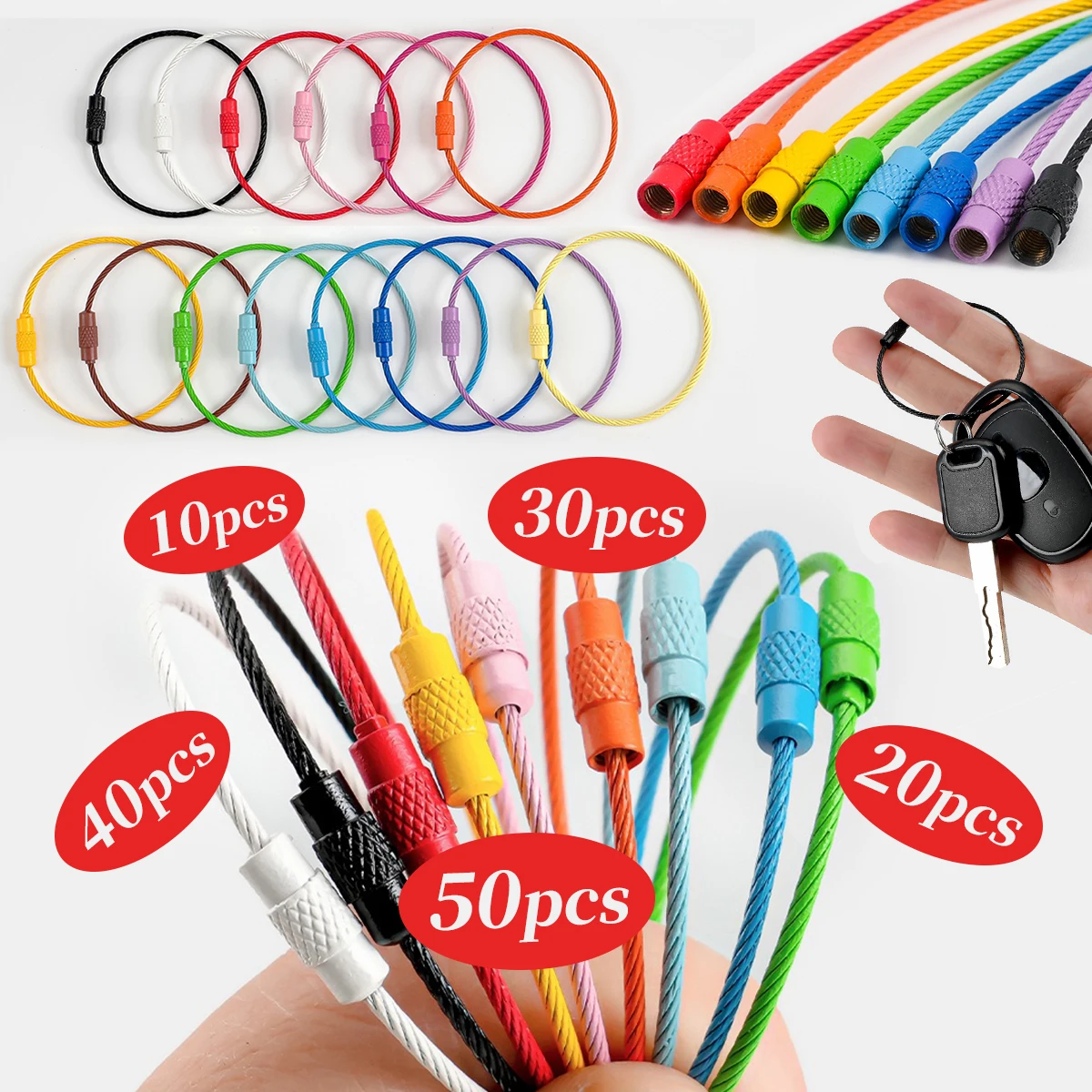 10-50 teile/los Edelstahl Bunte Schlüsselbund RingsKey Schlüsselring Kreis Seil Kabel Schleife Outdoor Camp Gepäck Tag Schraube Lock