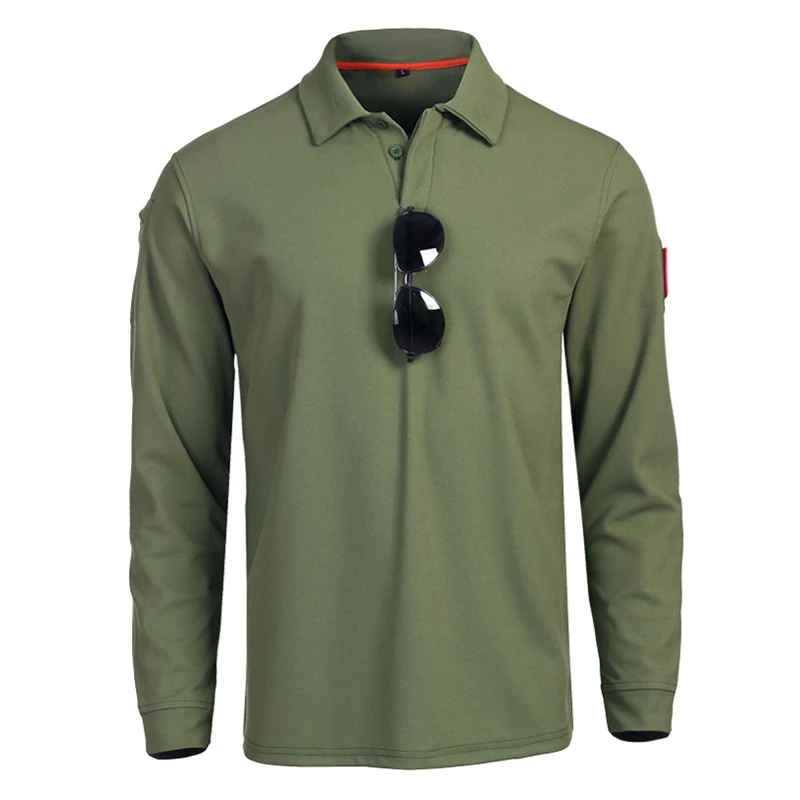 Men's Tactical Long Sleeve Polo Shirt Quick Dry Elastic Breathable T-Shirt for Hiking Camping Spring Pullover Outdoor Clothes