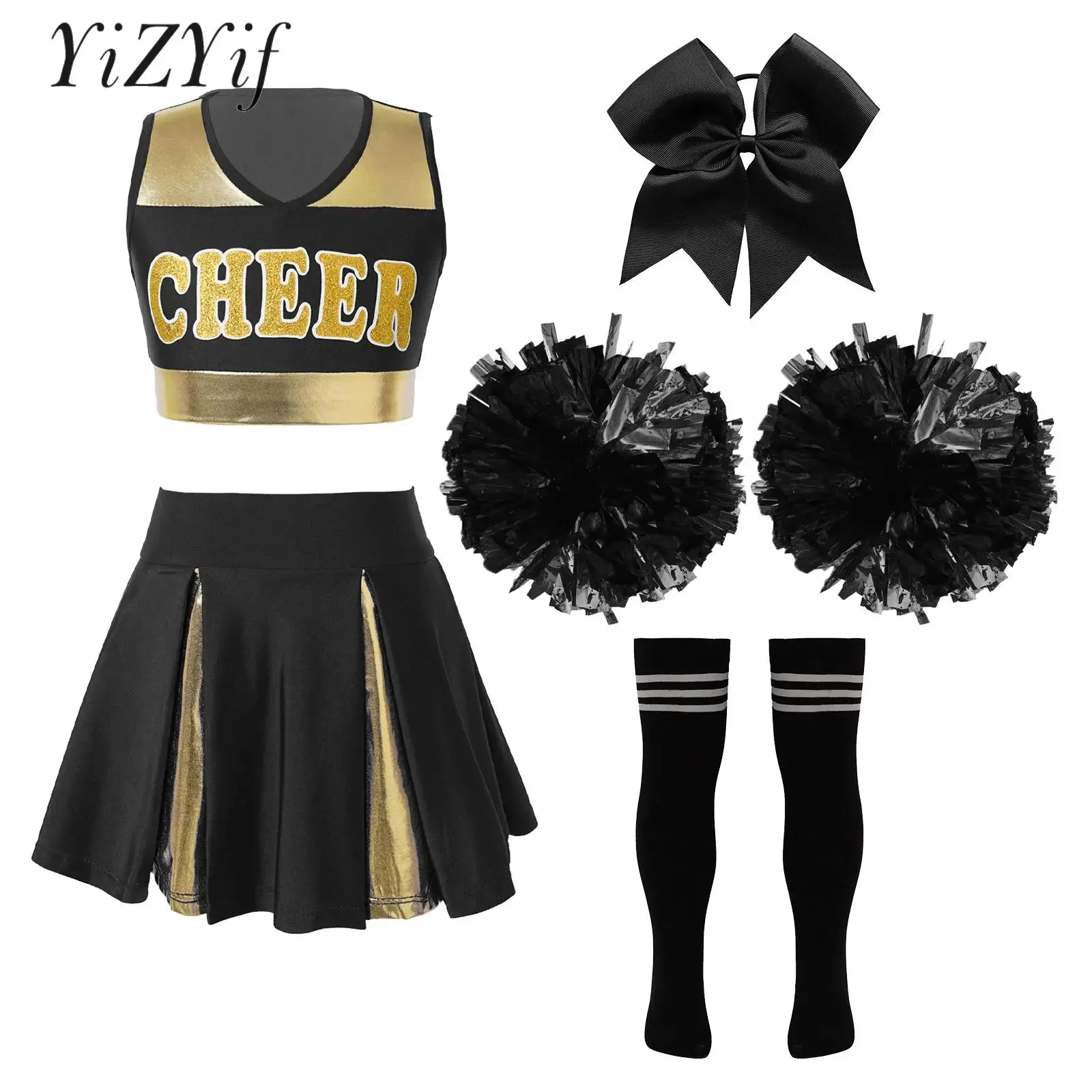 

Kids Girls Cheerleading Dance Outfits Sleeveless Letter Print Crop Top Pleated Skirt Cheer Leader Uniform Performance Costume