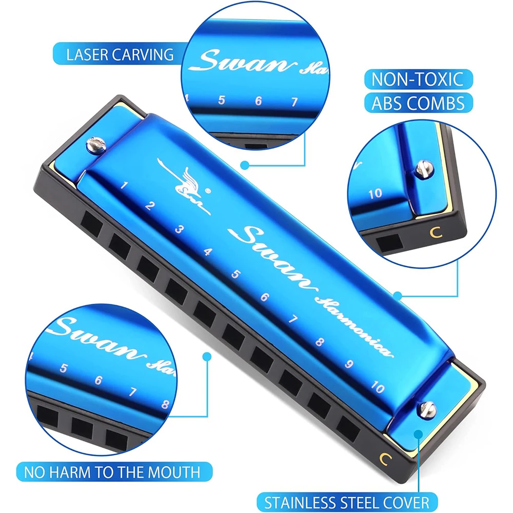 Harmonica Key of C 10 Hole Polyphony Diatonic Harp Case Blues Folk Pop Music Student Teacher Teaching Beginner