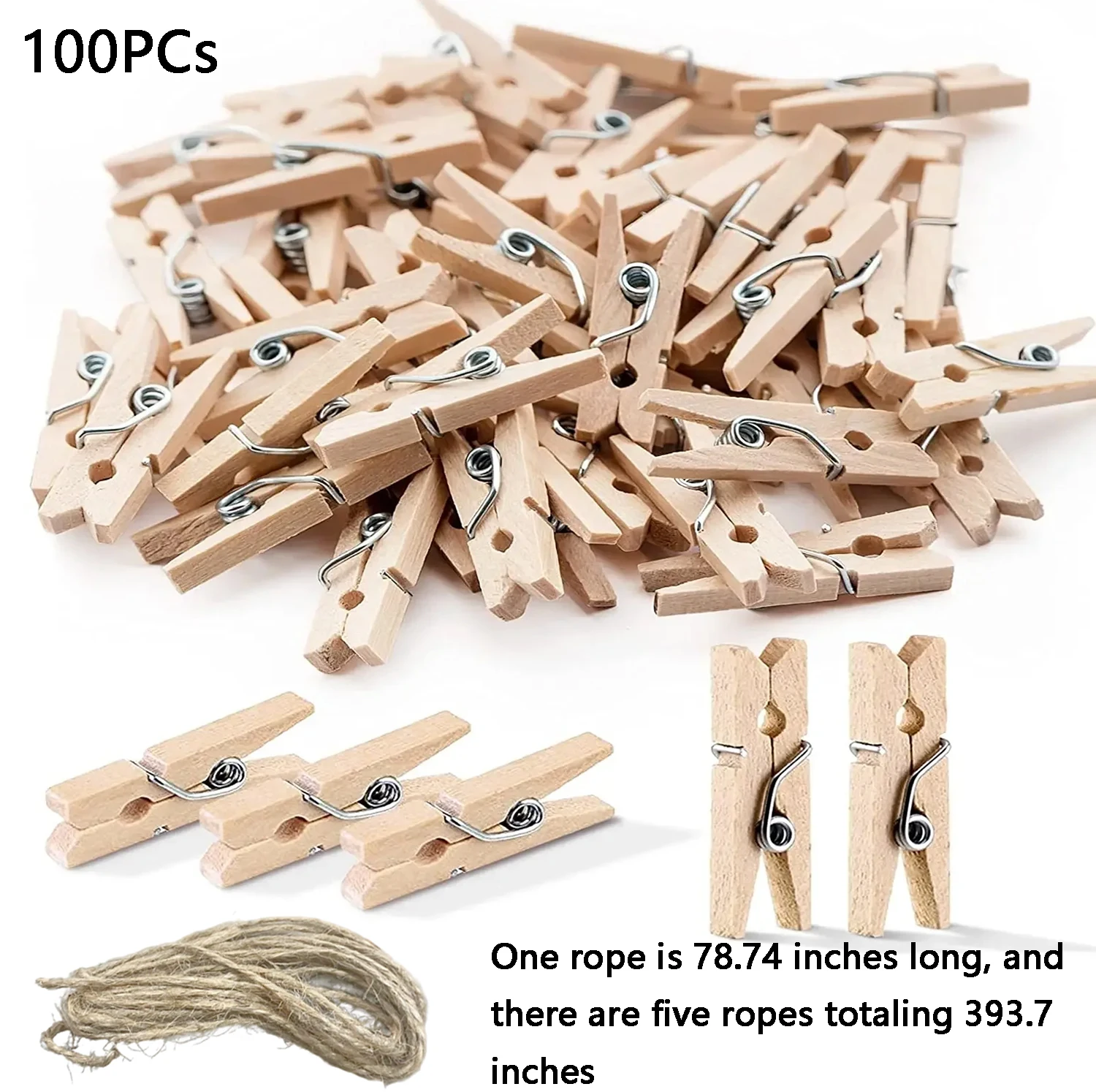 100Pcs Clothes Pegs Photo Clips Wooden Clothespins Multi-Functional Reusable Mini Wooden Clips with Jute Twine for Photo Wall and DIY Craft