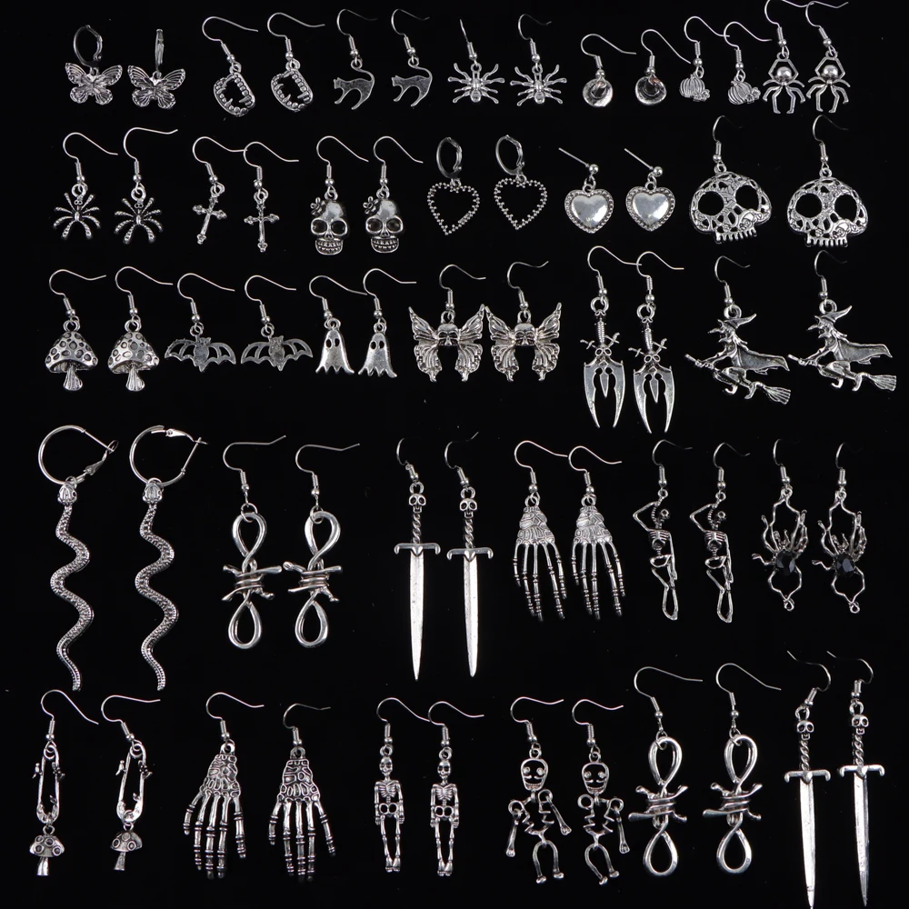 Dangle Earrings Drop Earrings 20Pairs/Lot Punk Gothic Skull Heart Drop Dangle Earrings For Women Female Retro Fashion Hip Hop Mix Style Jewelry Party Gifts