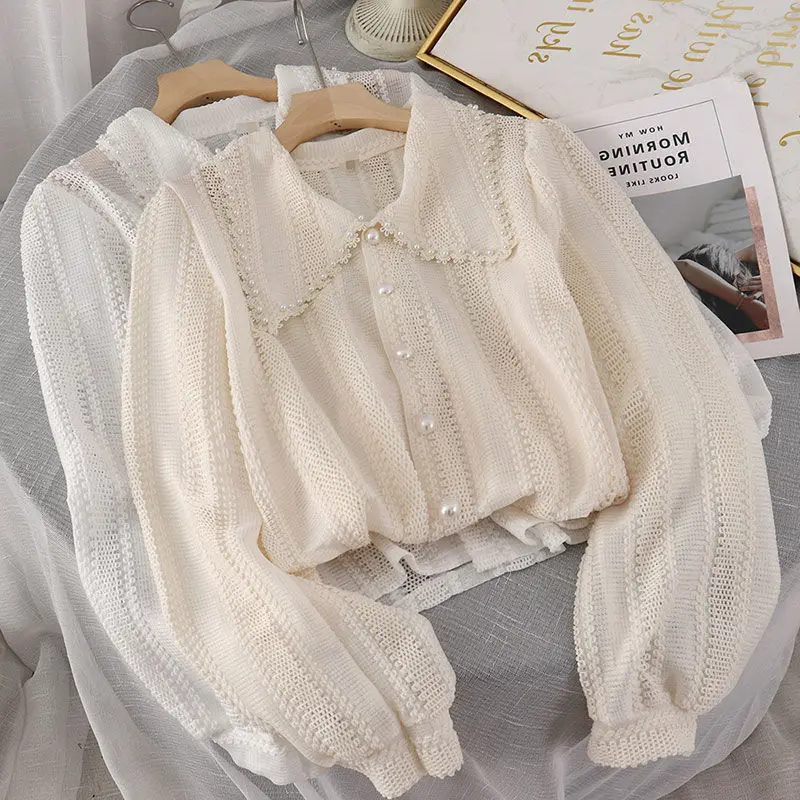 

Spring Summer Women's White Beaded Shirt Women's Thin Top Office Women Designer Korean Fashion Doll Collar Coat Perspective New