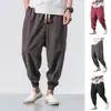 Elastic Waist Trousers Japanese Style Men's Harem Pants with Deep Crotch Ankle Length Pockets for Casual Daily Wear in Plus Size 1