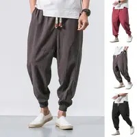 Elastic Waist Trousers Japanese Style Men's Harem Pants with Deep Crotch Ankle Length Pockets for Casual Daily Wear in Plus Size 1