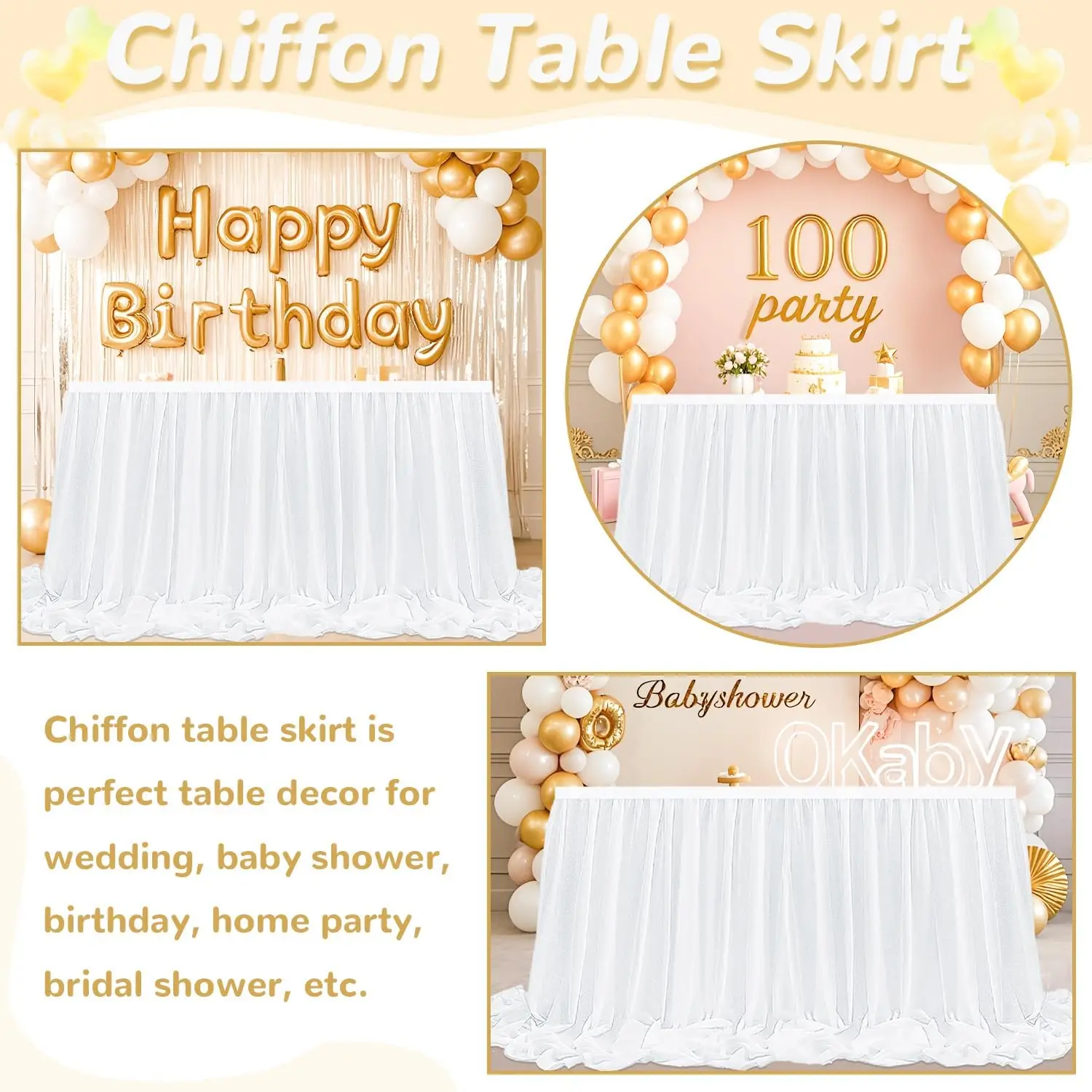 Chiffon Table Skirt White Table Skirts for Rectangle Tables Chiffon Sheer Ruffle TableCloth for Party Banquet Cake Decor