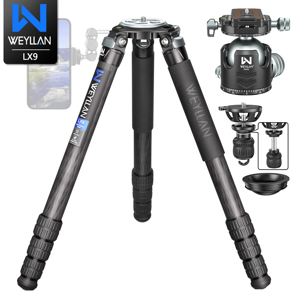 LX9 Professional Heavy Carbon Fiber Camera Tripod Ultra Stable Birdwatching Camera Stand 40mm Tube 40kgLoad 75mm Adapter