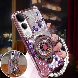 Purple Flowers Plating Phone Case with Bracket and Lanyard for Vivo Y400 Pro (Pink)