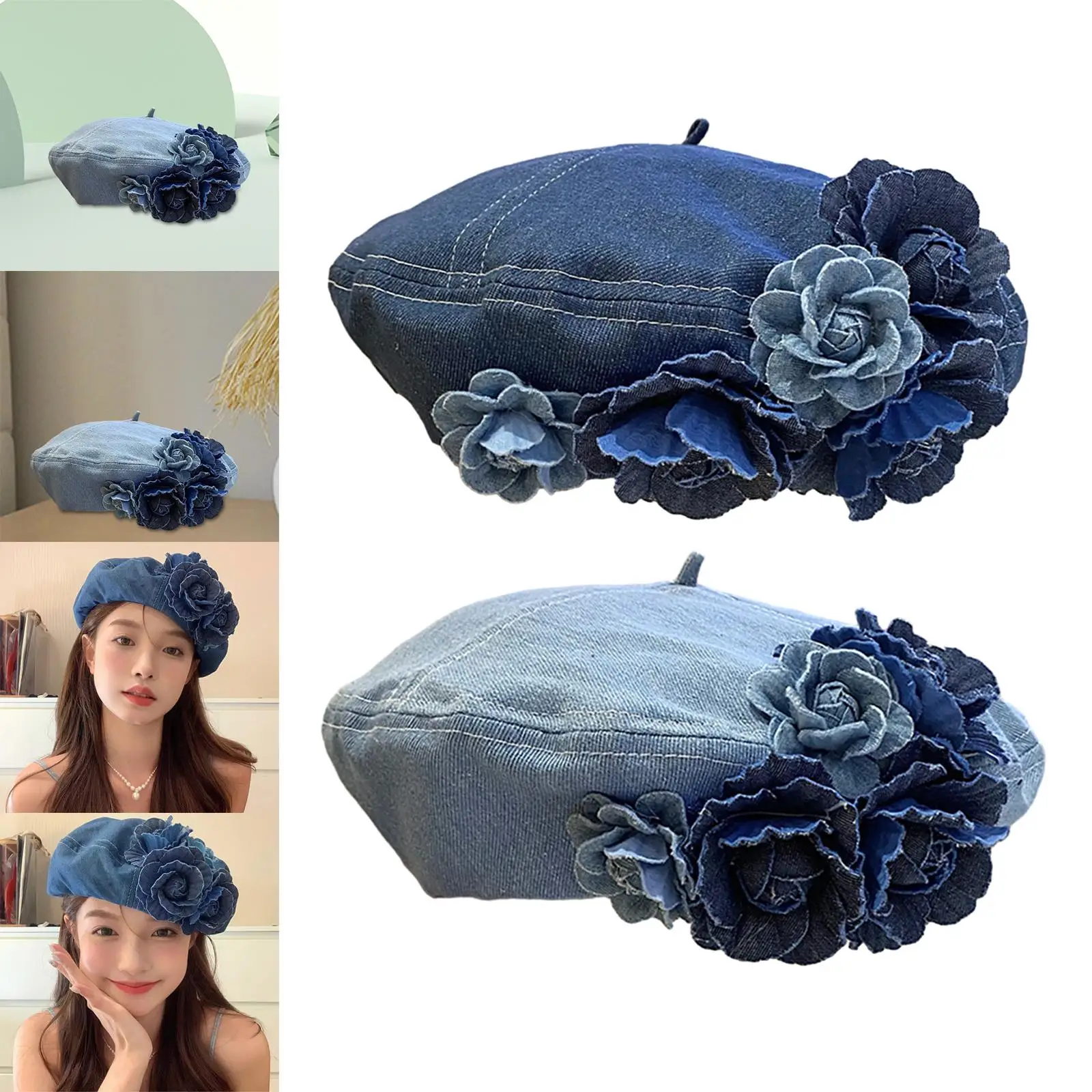 Women Beret Hat Casual Decorations Birthday Gift Classic Headwear Stylish Denim Cap for Festival Outdoor Traveling Hiking Fall