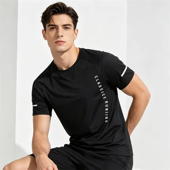 T-shirt sportiva da uomo estiva 2026 con stampa lettere, ad asciugatura rapida, oversize, tinta unita, per fitness e palestra