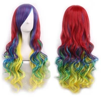 Soowee cheveux synthétiques Ombre arc-en-ciel Cosplay perruque avec frange rouge jaune violet vert bleu perruques pour les femmes noires 5