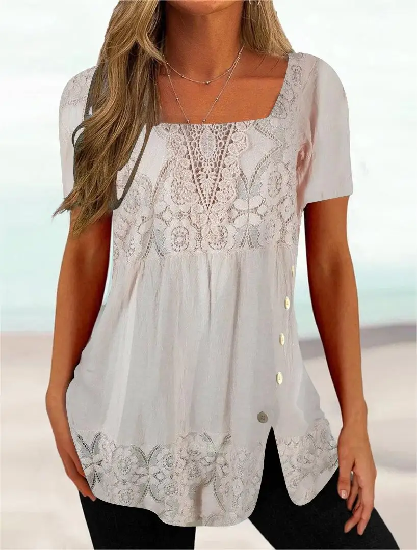 

Plus Size Women's Short Sleeve Square Collar Printed Solid Lace Button Top