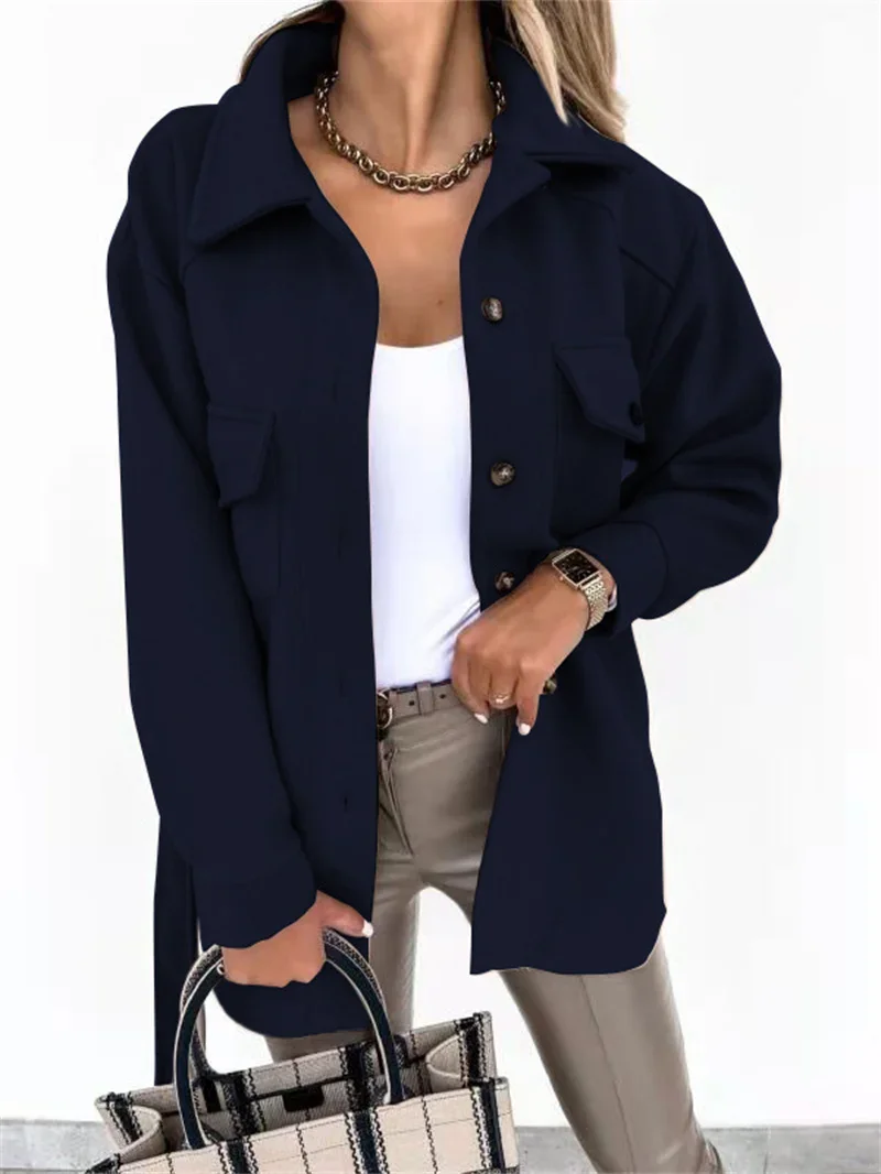 Women Autumn Winter Warm Tweed Coat Lapel Double Pocket Splicing Single-breasted Cardigan Trench Peacoat Loose Lace-up Outerwear