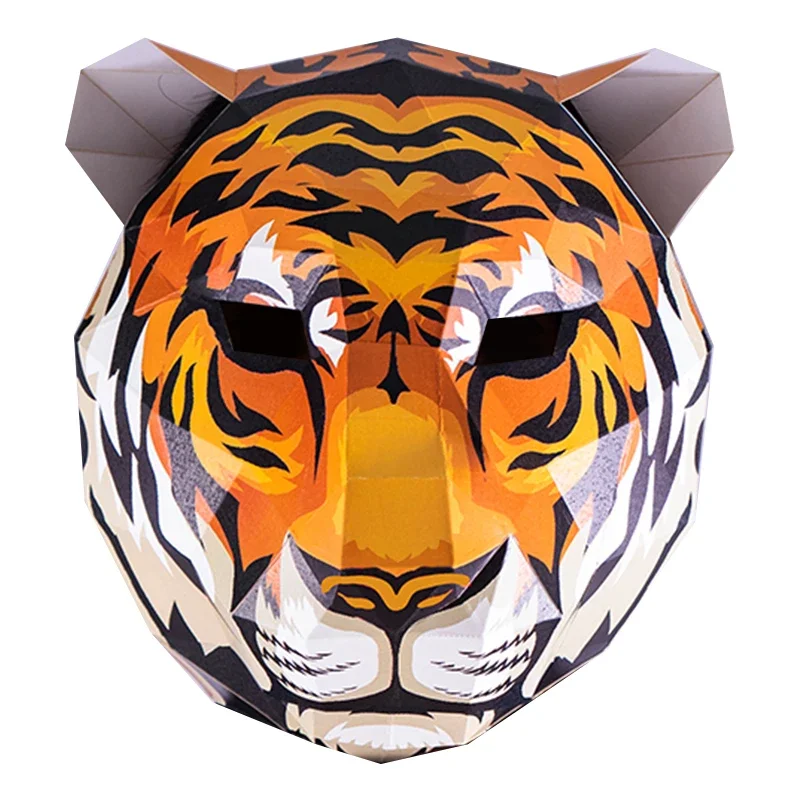 3D Paper Mold Tiger Lion Head Mask Headgear Animal Model Halloween  Props Women Men Party Role Play Dress Up DIY Craft Masks