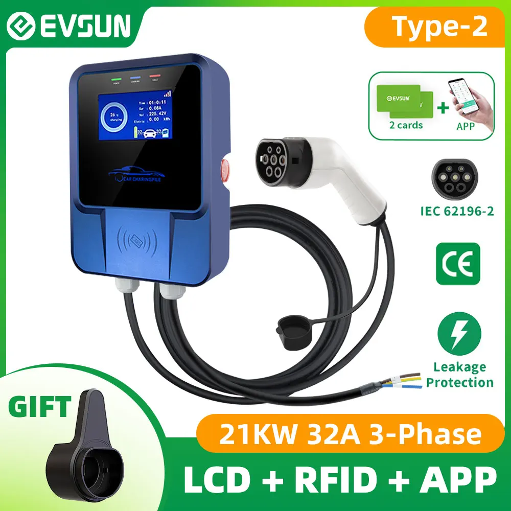 Evsun Ev Charger Tipo 2 App Card 32A 3 Fasi Stazione Di Ricarica Per Auto Per Veicoli Elettrici Evse Wallbox Con Cavo Iec 62196-2 21Kw