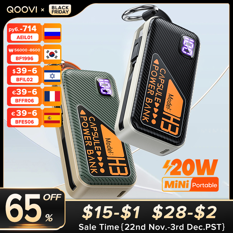 QOOVI Mini Powerbank 5000mah Built-in Cable PD 20W Portable Charger Fast Charging For iPhone 15 Samsung Xiaomi External Battery