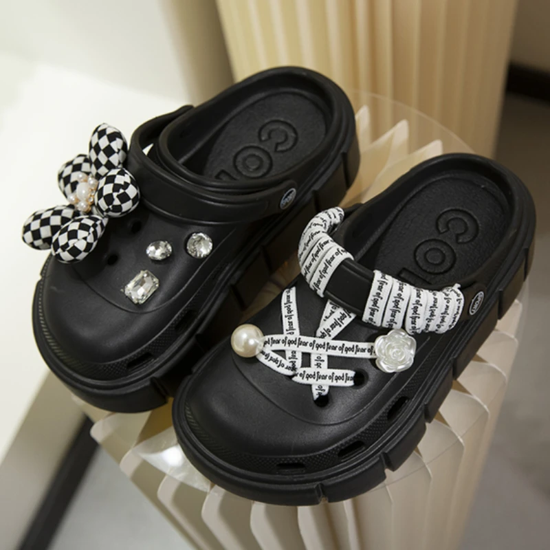 Black Shoelaces Flower Pearl Charms Clog Shoes Outdoor Women Designer  Slippers Thick Sole 5CM Platform Summer Sandals Girls