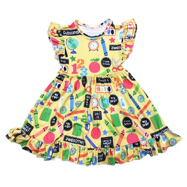 Fashion Kids Clothing Round Neck Small Flying Sleeves Print Dress: A Back To School Favorite for Girls