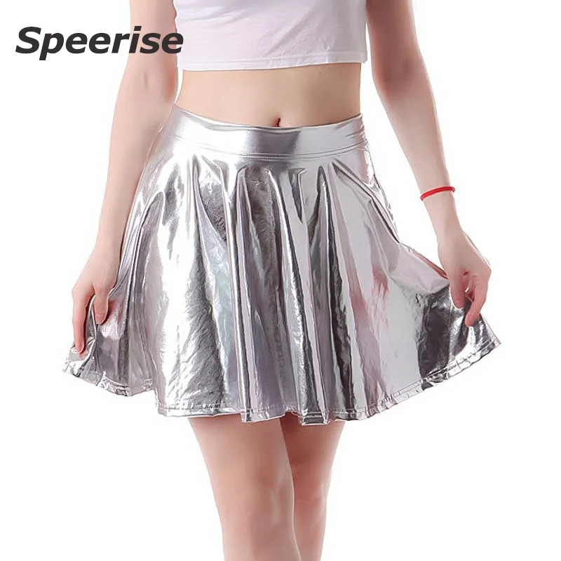 Speerise Metallic Skater Skirt Mini Faux Leather Shiny Spandex Green Night Club Party Ballroom Dance Sexy Costumes Wet Look