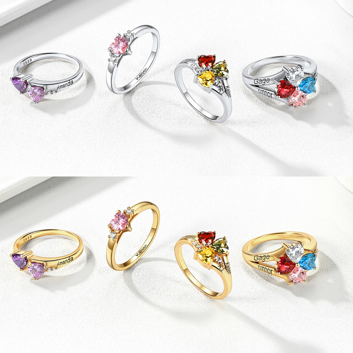 U7 925 Sterling Silver Custom 1-4pcs Heart Birthstone Rings for Woman Size 5-11 Personalized Birthday Wedding Rings Jewelry Gift 2