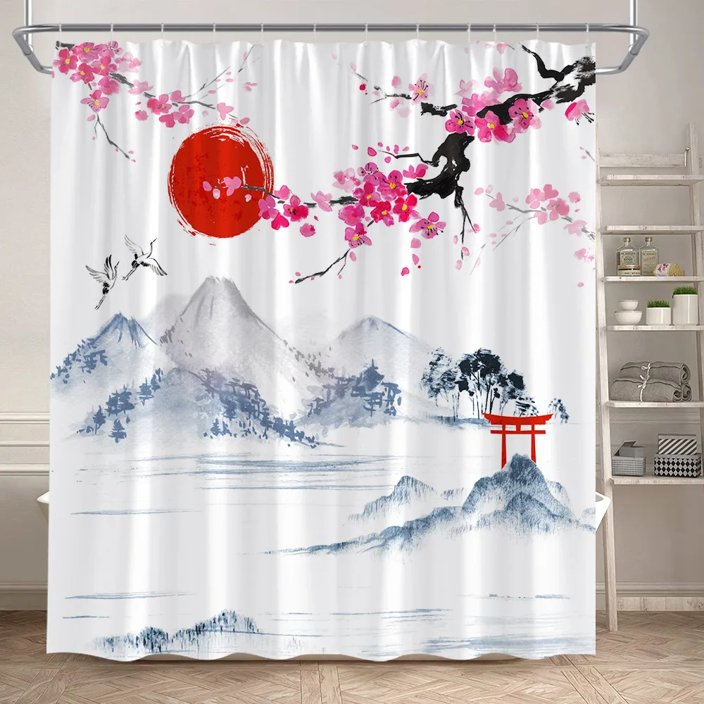 Pink Cherry Blossom Shower Curtain Butterfly Sea Wave Koi Fish Floral Japanese Style Landscape Bathroom Curtains Set Home Decor