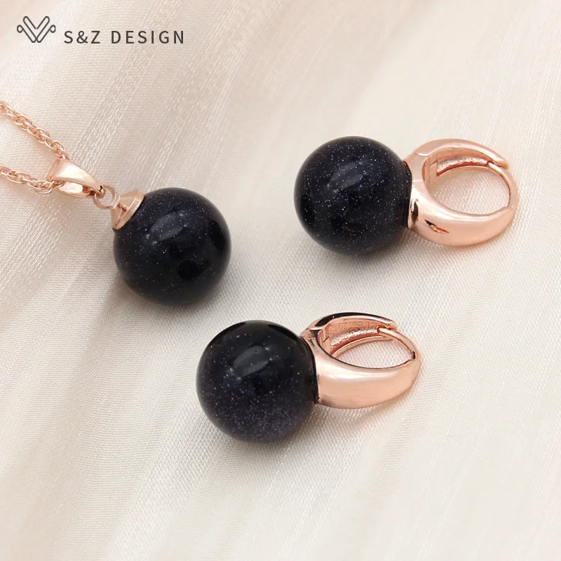 S&Z DESIGN New 585 Rose Gold Color Round Synthetic Turquoises Drop Earrings Jewelry Sets For Women Wedding Pendant Necklace