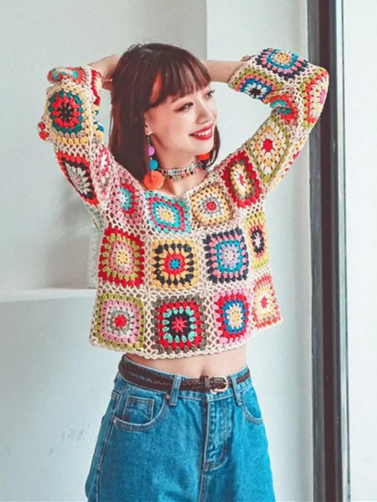 

Flower Knit Crop Tops Women Long Sleeve Hollow Out See Through Loose Tops and Blouses Bohemian Sexy Sweater Female Knitwear