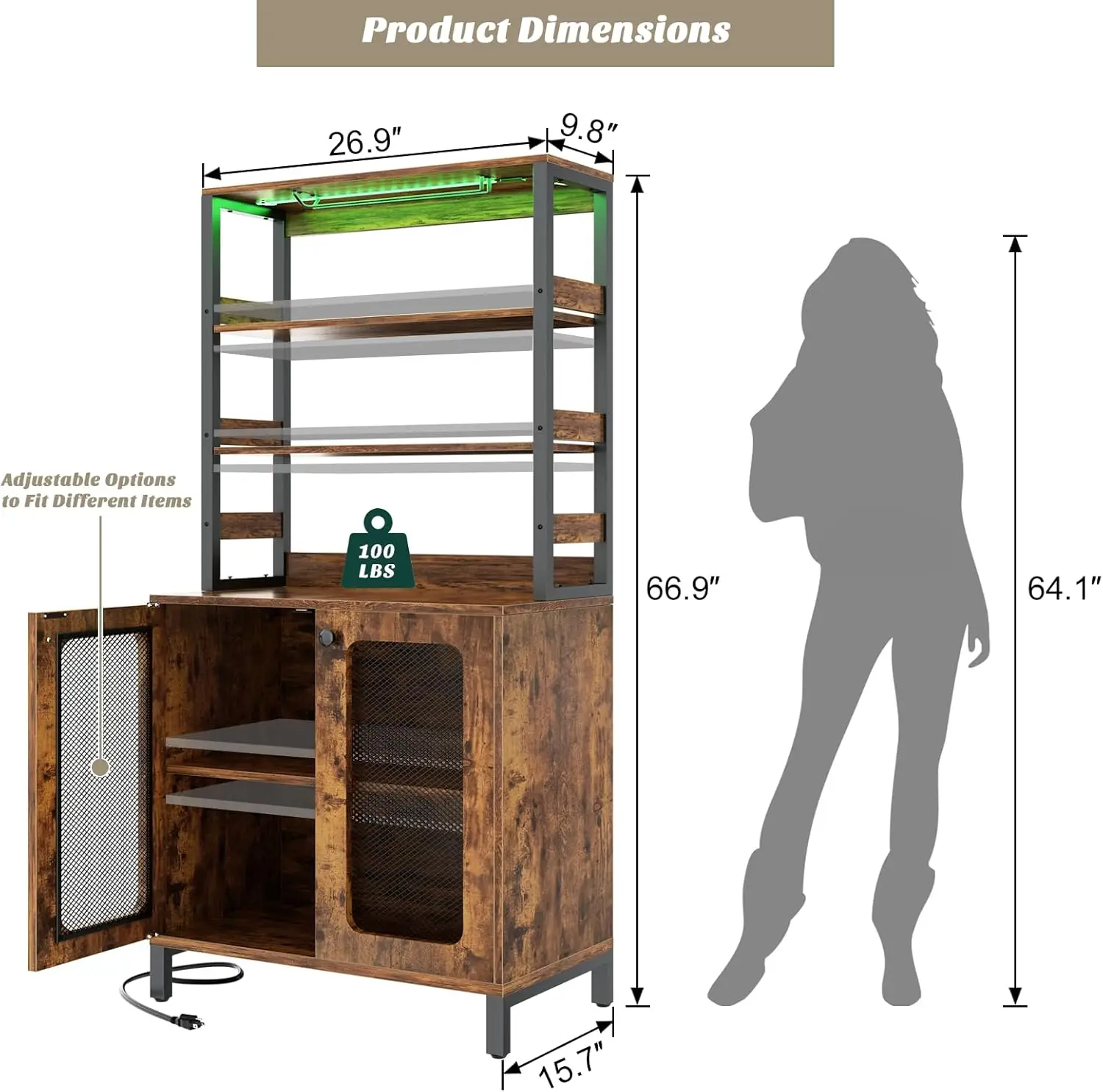 Bar Cabinet with Power Outlets, 67" Tall Wine Bar Liquor Cabinet with LED Lights & Glass Holder, Coffee Bars Station