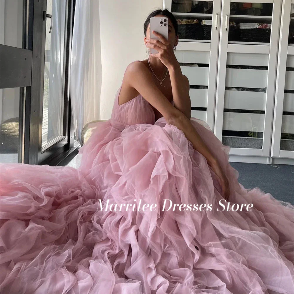 Marrilee Princess różowa elegancka warstwowa tiulowa sukienka na studniówkę seksowna Spaghetti z paskiem bez pleców suknia wieczorowa bez pleców