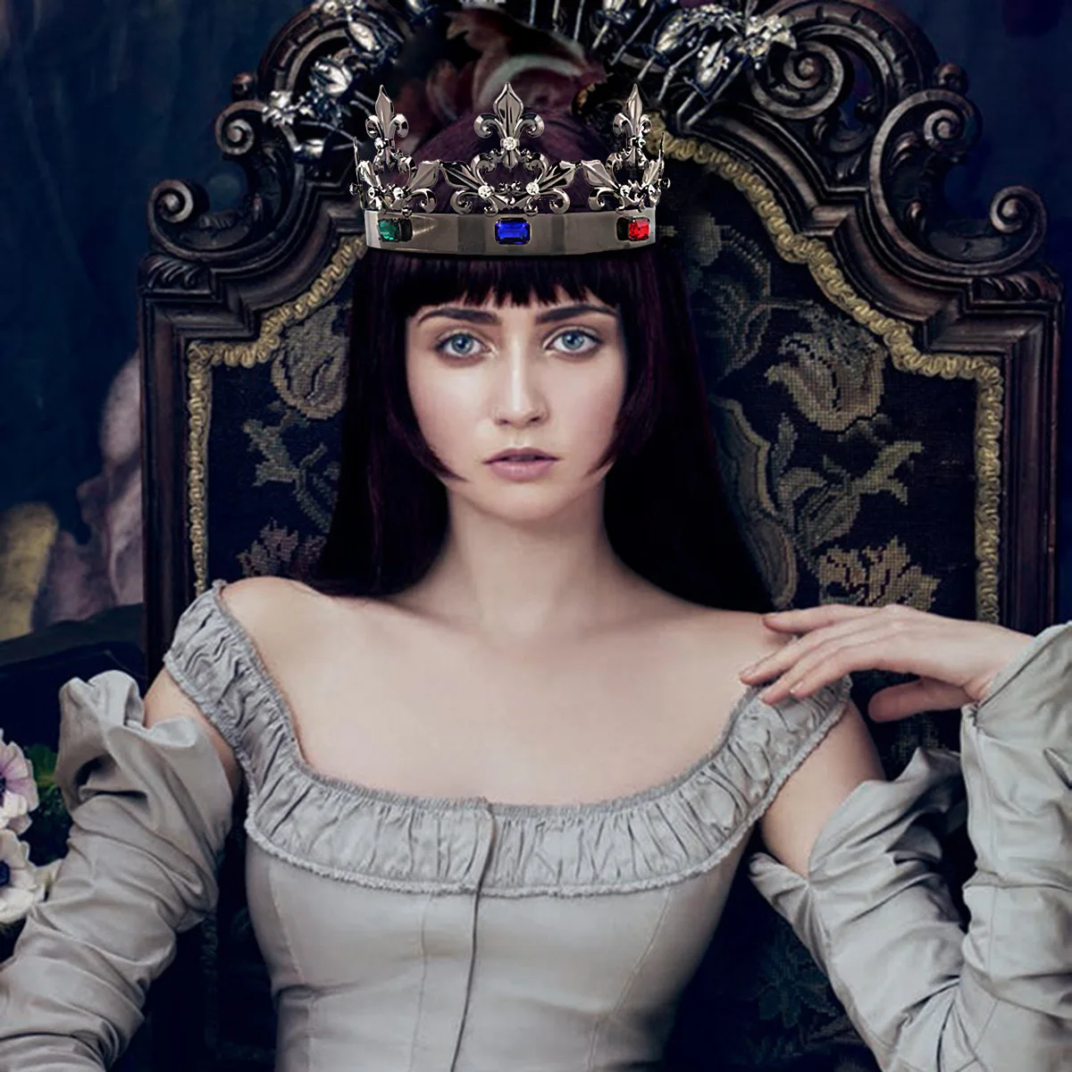 Baroque Vintage Royal Men King Queen Crowns Big Black Sliver Metal Round Tiaras For Women Crowns Costume Party Pageant Diadem