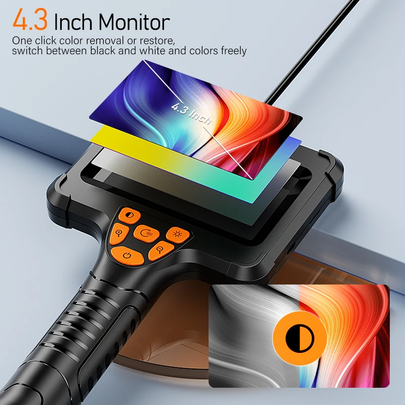 4.3'' Hand-held Industrial Endoscope 8mm Camera 1080P HD Rigid Cable IP67 Borescope Inspection Piping Car Sewer Camera 2600mAh 3