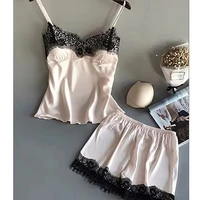 Women Pajama Suit Fashion V-Neck Stretch Satin Babydoll Lace Sexy Lingerie Bowknot Pyjamas Sleep Shorts Set Sleepwear New 4